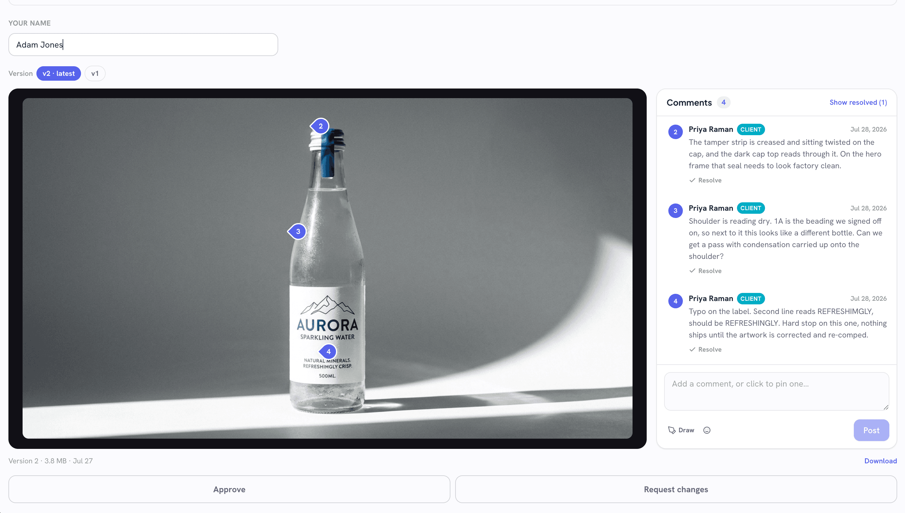 The client review portal: a hero frame with numbered comment pins and the comment rail beside it.