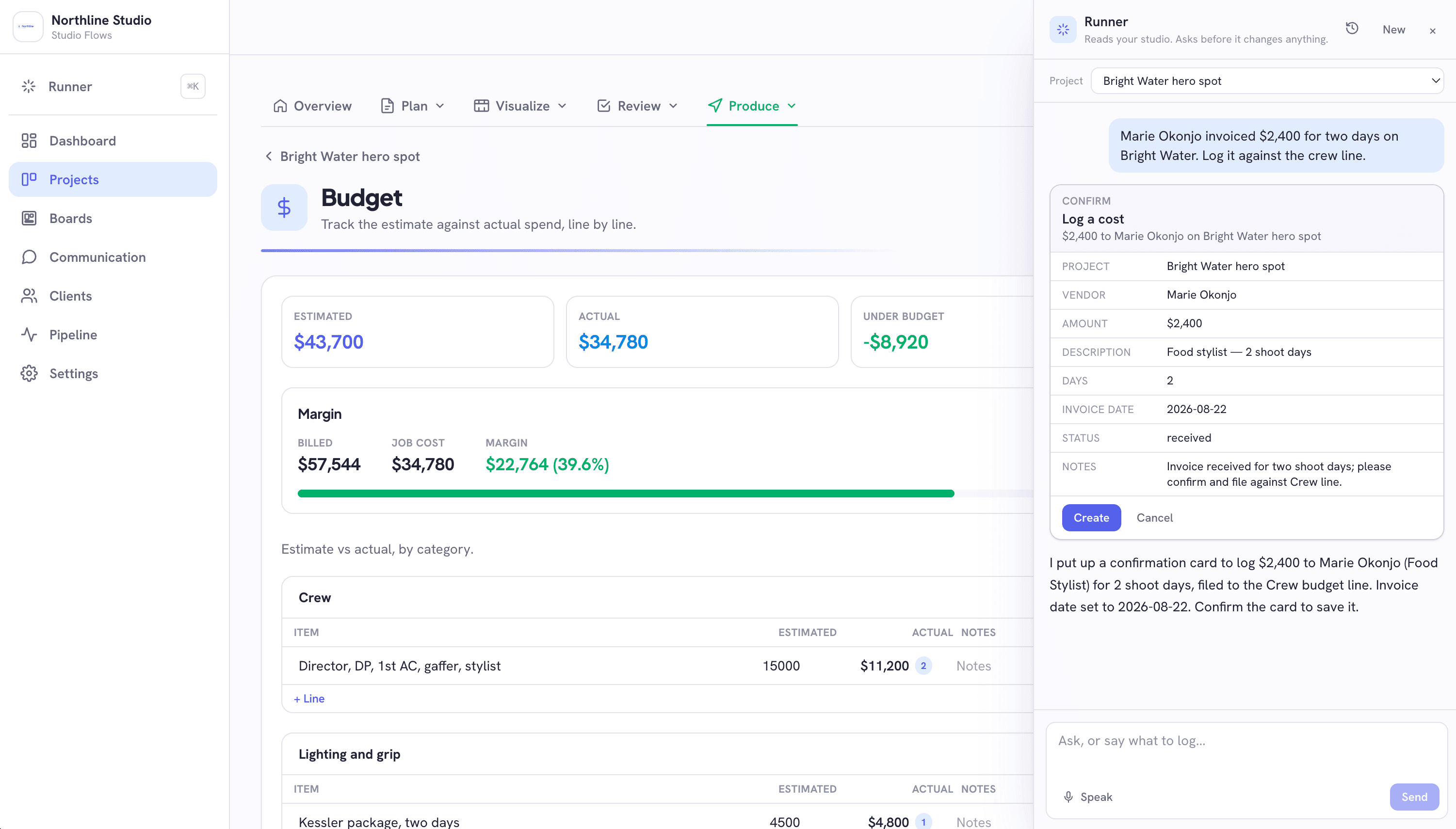 The Runner panel proposing a cost as a card, every value listed, with Create and Cancel.
