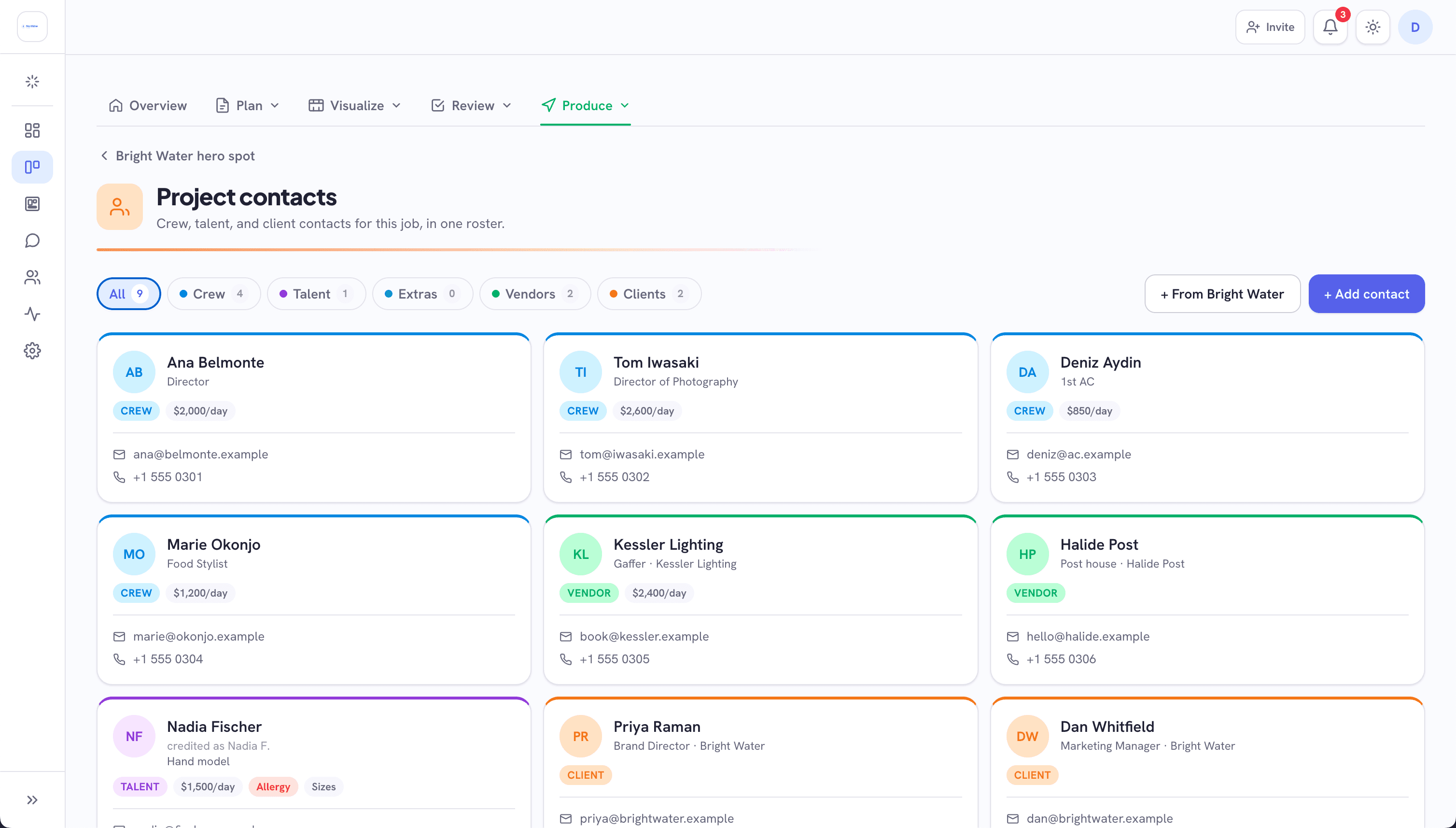 The project contacts roster: folder tabs for crew, talent, extras, vendors and clients, each card carrying a position, a day rate and the details that kind of person needs.